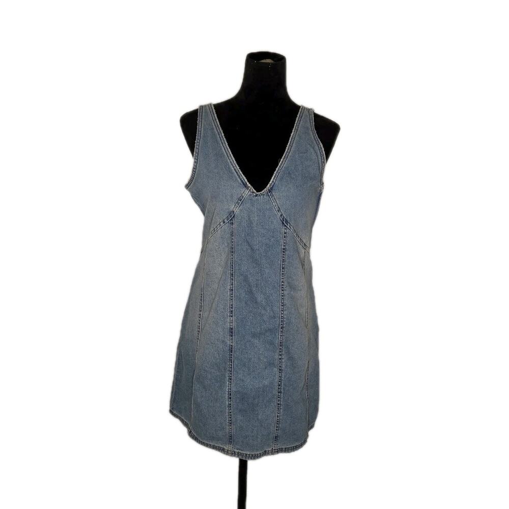 Lone Star Destressed Denim Mini Dress L Sleeveless V Neck Western Y2K Bodycon